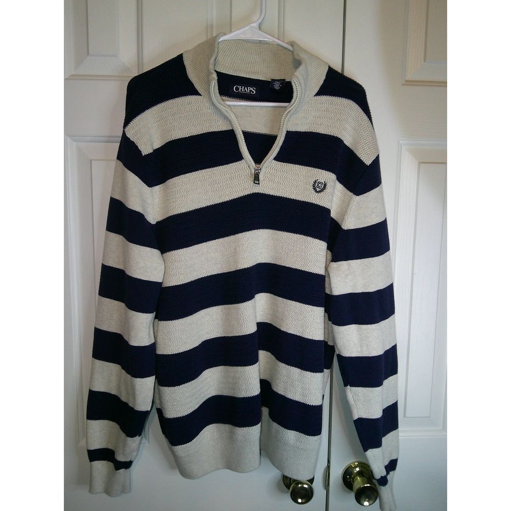 CHAPS Navy Blue Cream Striped Quarter Zip Pullover Sweater Nautical Style